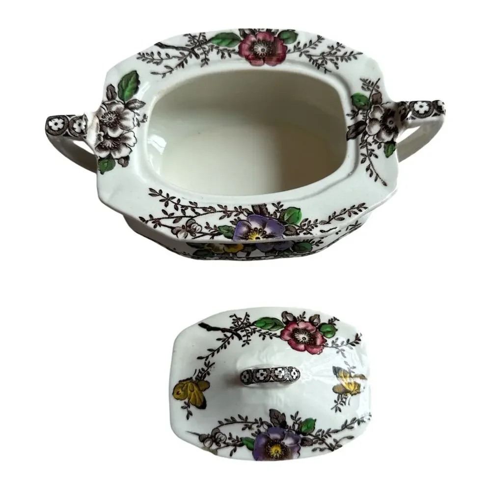 Vintage Alfred Meakin Medway Decor Covered Sugar Bowl England Floral Ironstone
